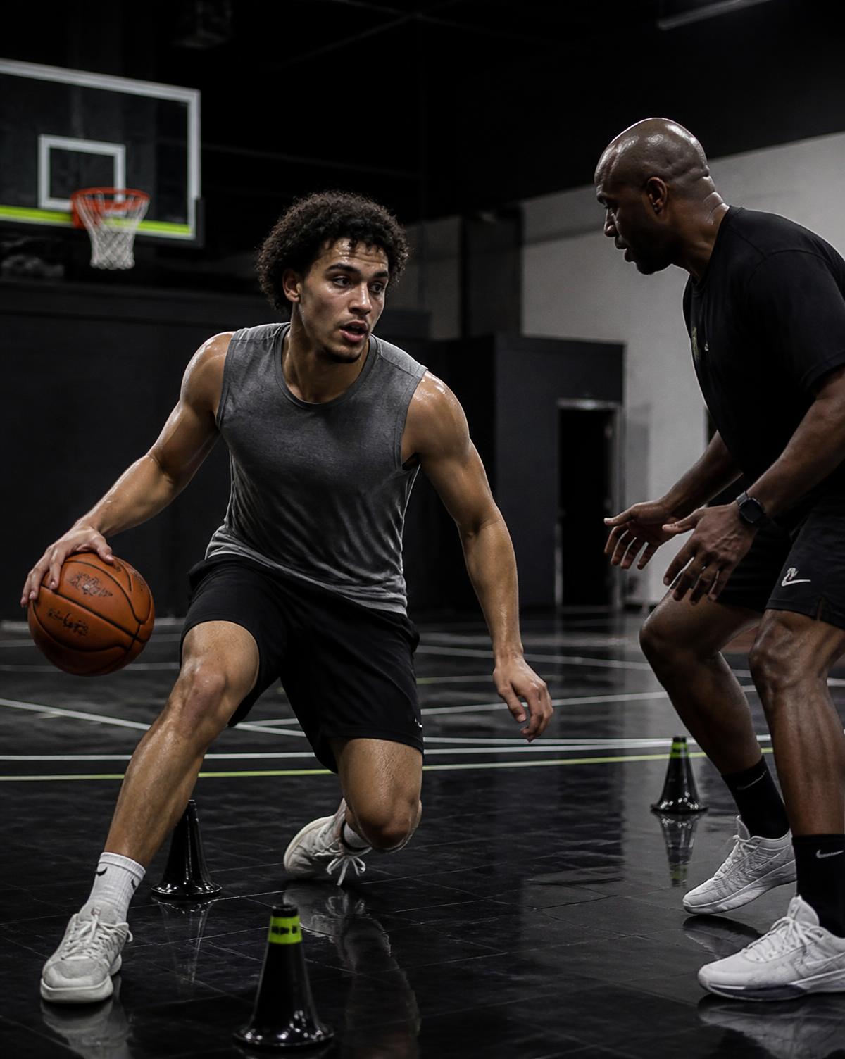 Basketball player working through a cone drill with a skills trainer