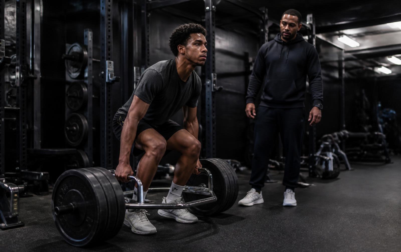 Basketball athlete completing a coached strength session in a weight room