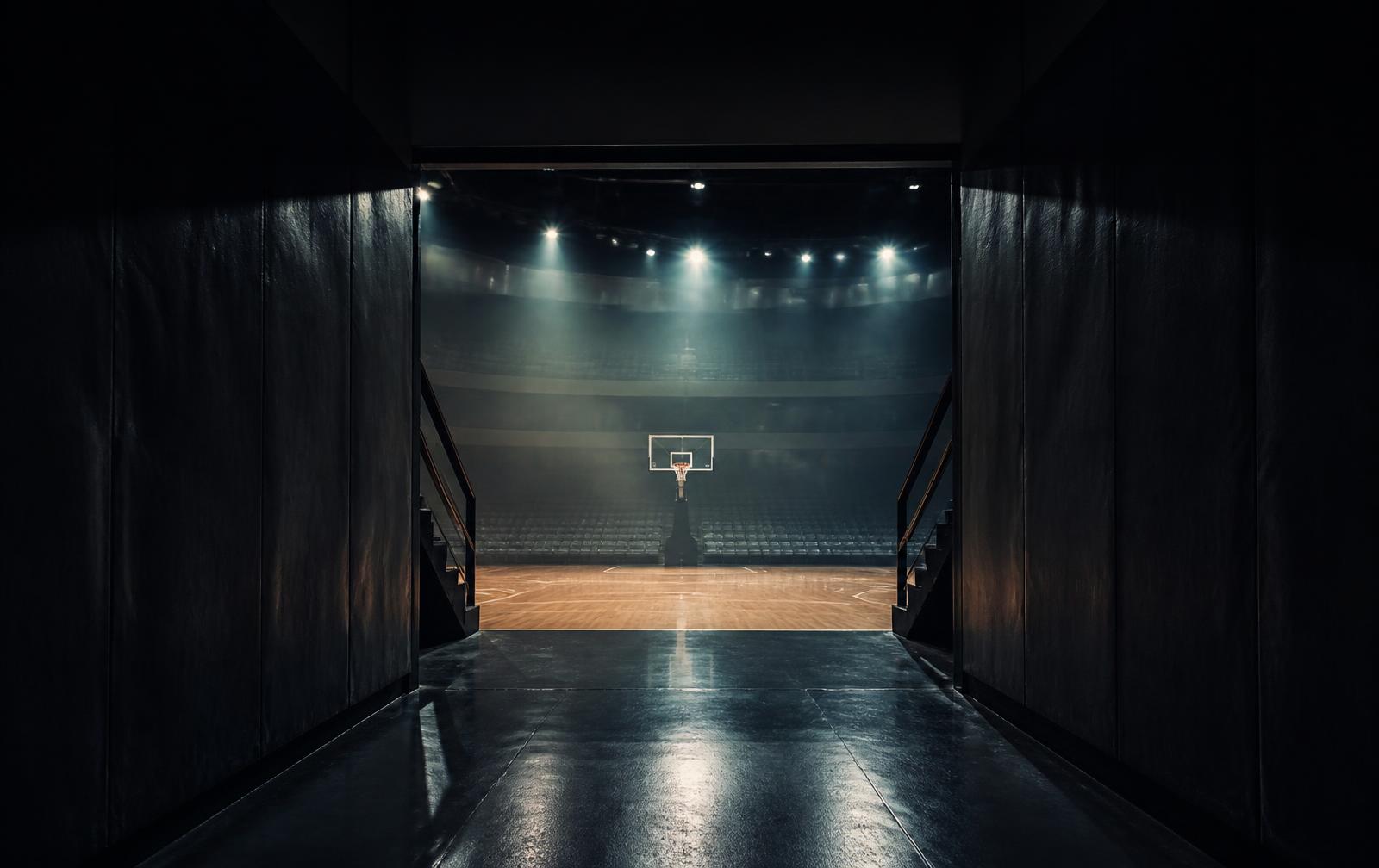 Tunnel leading out to a lit basketball court