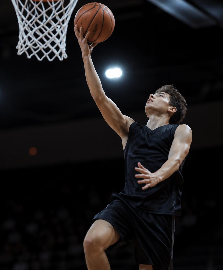 Basketball player rising for a layup under gym lights