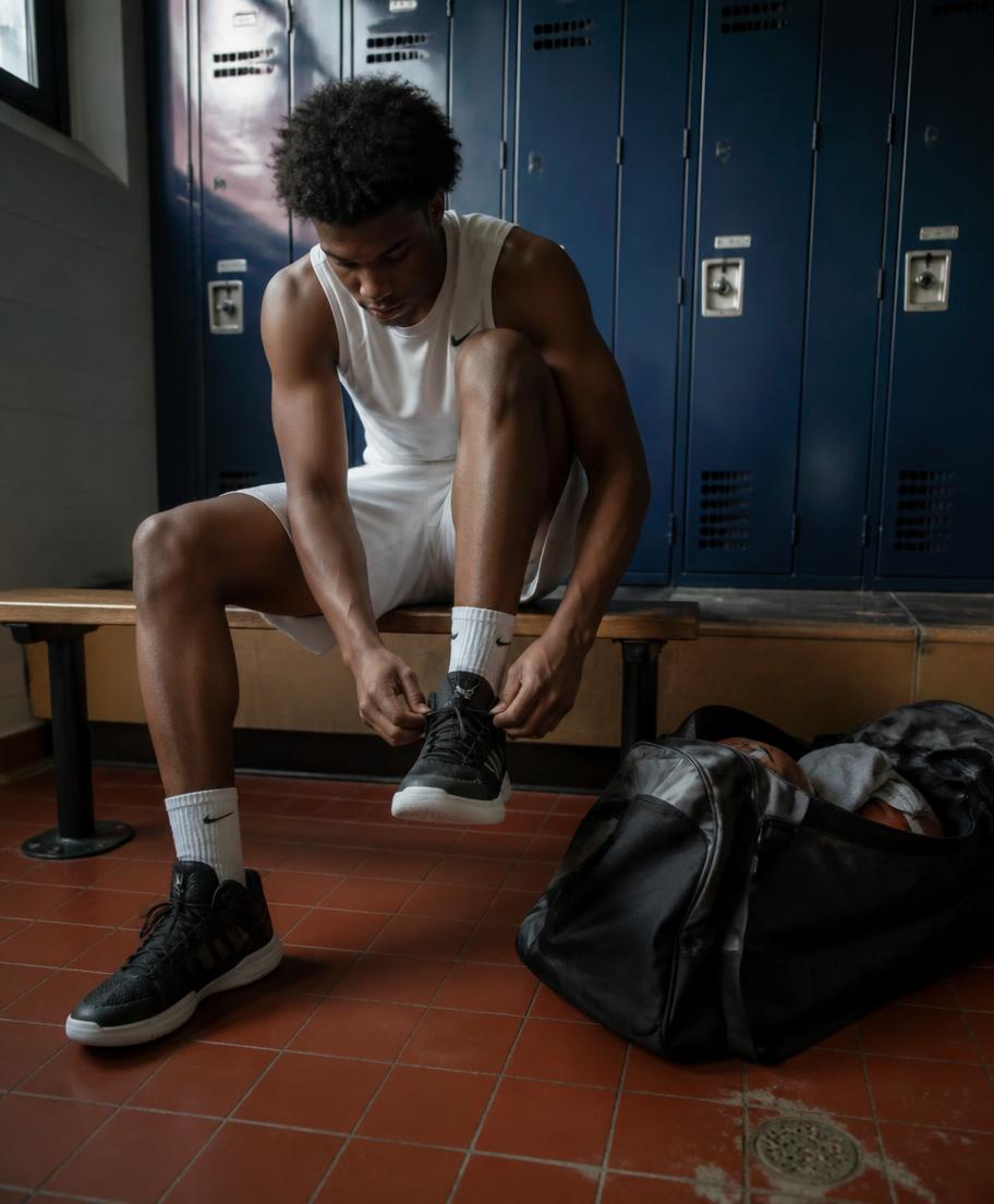 Player lacing sneakers in the locker room
