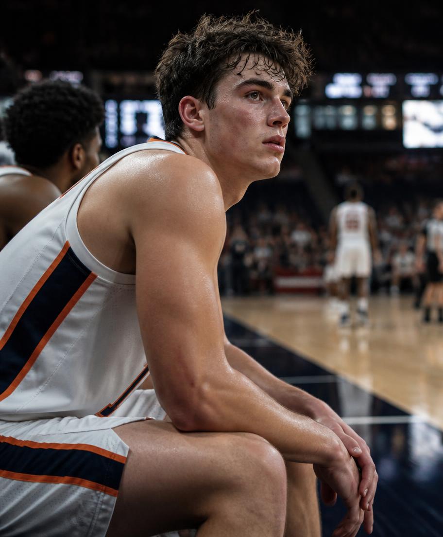 College basketball player locked in on the bench after a hard game