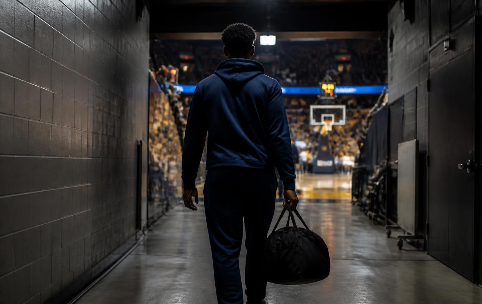 Serious basketball player walking through an arena tunnel toward the court